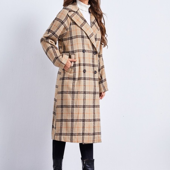 beige plaid button pocket fall trench pea coat - Picture 2 of 5